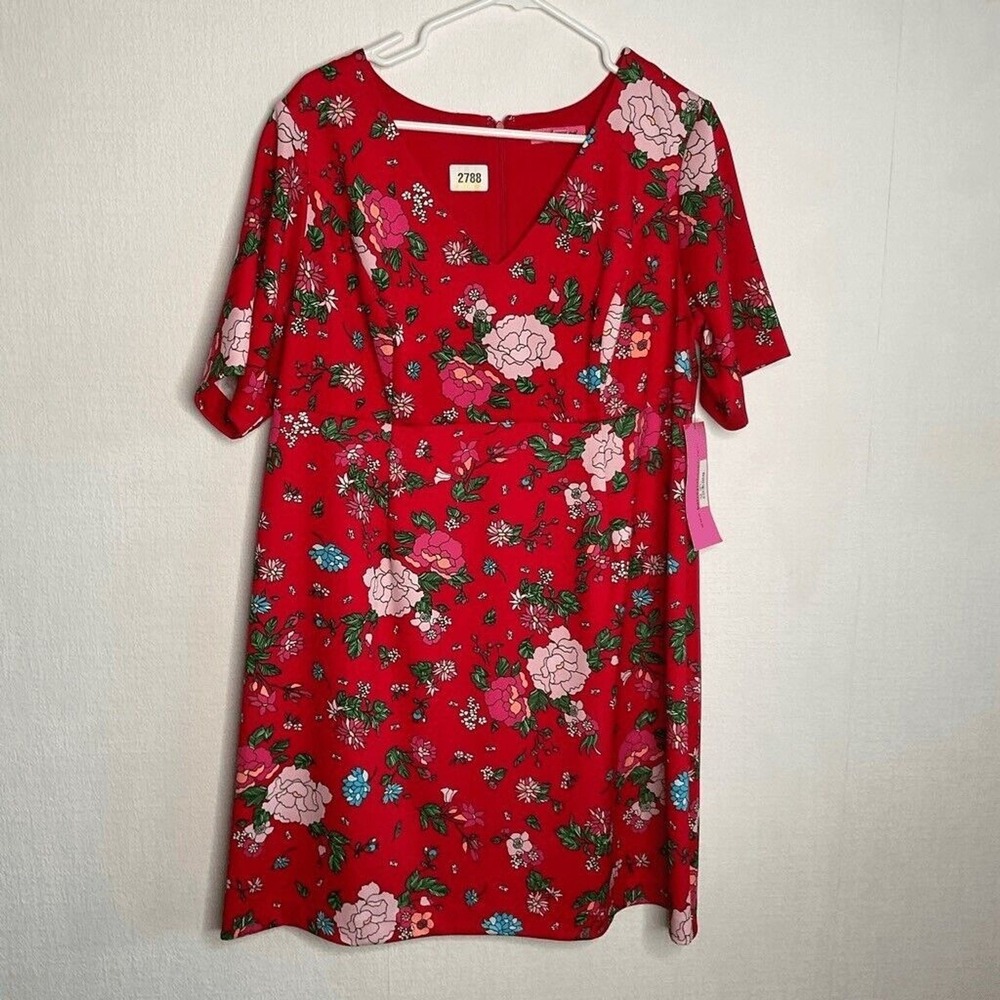 NWT Betsey Johnson Red Floral V-Neck A-Line Shift Midi Dress Women‎ 16W China